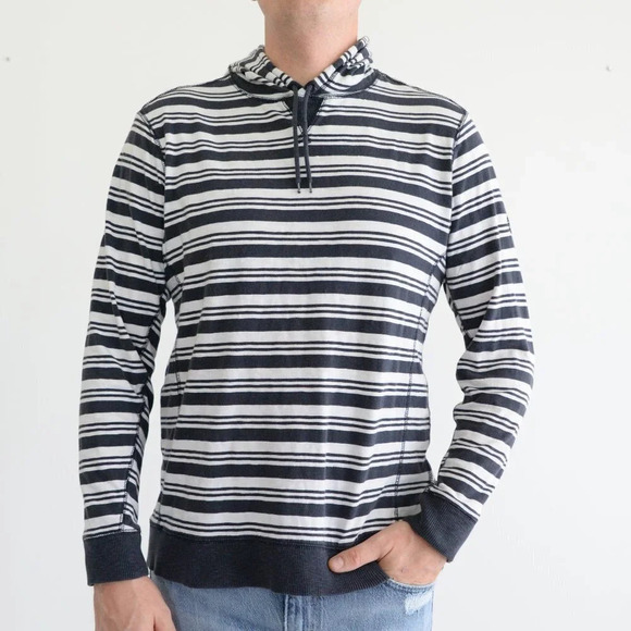 Vintage Timberland Navy & White Stripe Long Sleeve Shirt with Hood Size Medium - Picture 1 of 12